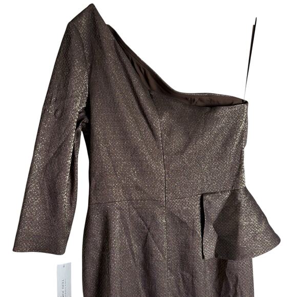 Rickie Freeman Teri Jon Bronze One Shoulder Jacquard Peplum Formal Gown 16 - Picture 9 of 13